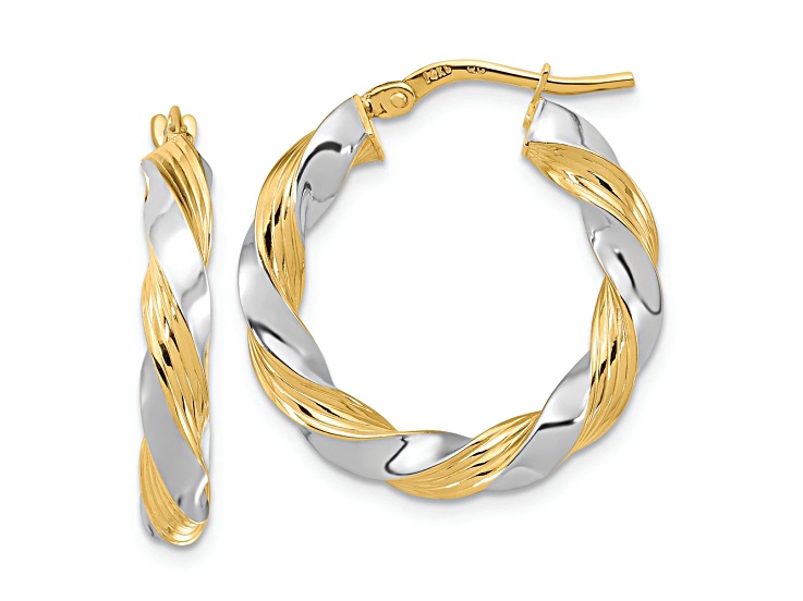 14k Yellow Gold and Rhodium Over 14k Yellow Gold 1/1" Polished Twisted Hoop Earrings