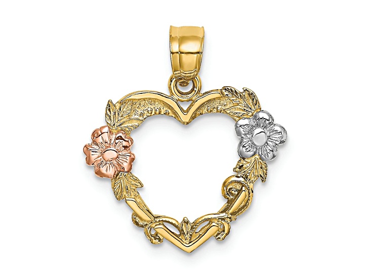 14K Two-tone Gold with Rhodium Over 14k Yellow Gold Textured Flower In Heart Charm