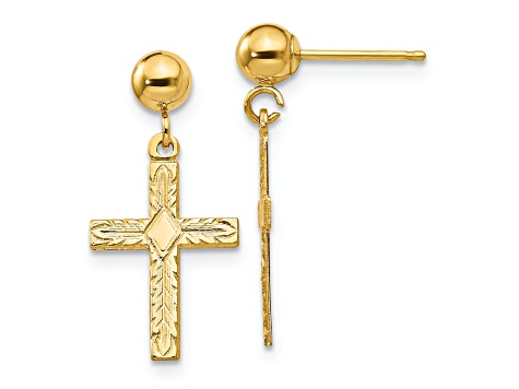 14k Yellow Gold Polished and Textured Cross Dangle Earrings