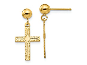 14k Yellow Gold Polished and Textured Cross Dangle Earrings