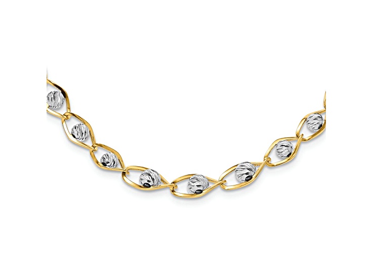 14k Yellow Gold and 14k White Gold Polished with Diamond-Cut Beads Fancy 18 Inch Necklace