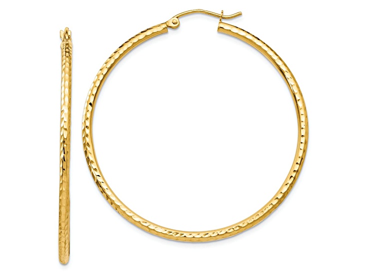 14k Yellow Gold Diamond-Cut 1 3/4" Round Tube Hoop Earrings