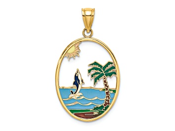 Picture of 14k Yellow Gold Multi-color Enamel Dolphin Jumping In Beach Scene Charm