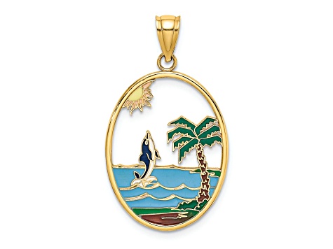 14k Yellow Gold Multi-color Enamel Dolphin Jumping In Beach Scene Charm