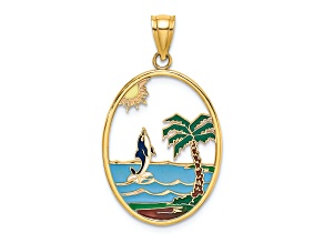 14k Yellow Gold Multi-color Enamel Dolphin Jumping In Beach Scene Charm