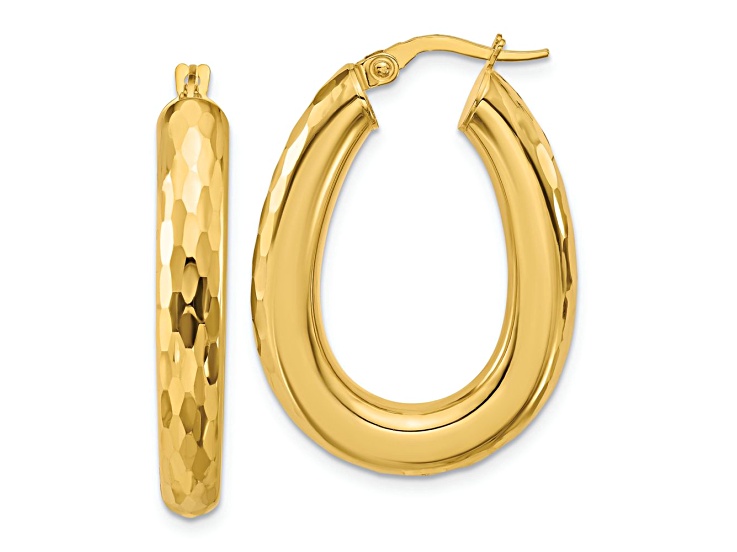 14k Yellow Gold 1 3/16 inch Polished and Diamond-cut Oval Hoop Earrings