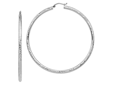 Rhodium Over 14k White Gold 2 13/16" Diamond-Cut Hoop Earrings