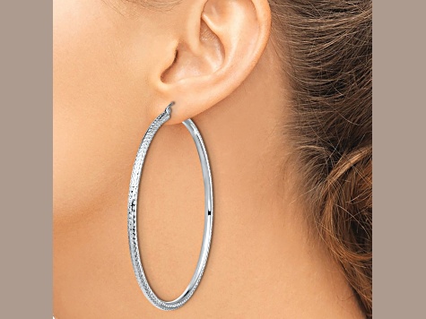 Rhodium Over 14k White Gold 2 13/16" Diamond-Cut Hoop Earrings