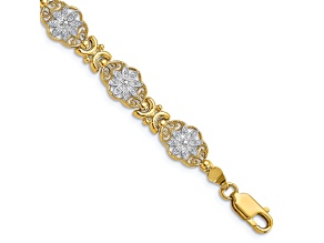 14k Yellow Gold and Rhodium Over 14k Yellow Gold Textured Flower Link Bracelet
