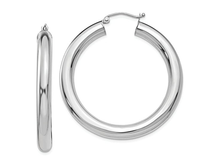 Rhodium Over 14k White Gold 1 9/16" Polished Tube Hoop Earrings