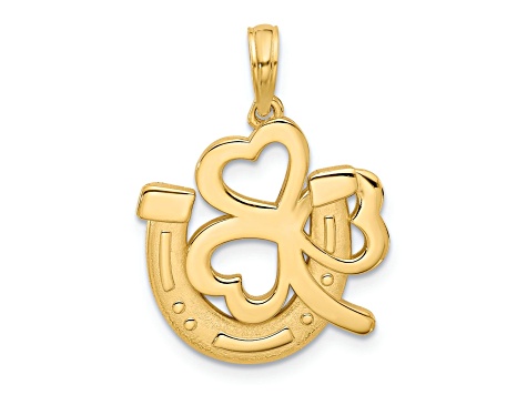 14K Yellow Gold Polished and Satin Horseshoe and Clover Charm