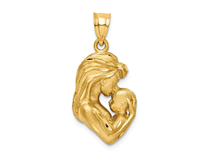 14k Yellow Gold Brushed Diamond-Cut Mom and Baby Pendant