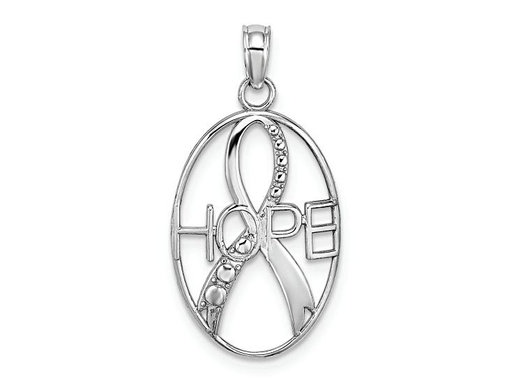 Rhodium Over 14k White Gold Textured Hope with Ribbon in Oval Charm