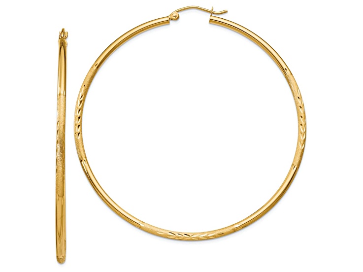 14k Yellow Gold 2 3/8" Satin and Diamond-Cut Round Tube Hoop Earrings