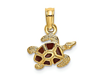 Picture of 14k Yellow Gold Textured and Brown Enameled Sea Turtle Charm