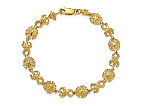 14k Yellow Gold Textured Starfish and Sand Dollar Bracelet