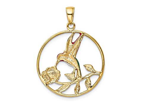 14K Yellow Gold Enameled Hummingbird and Flower in Circle Pendant