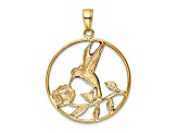 14K Yellow Gold Enameled Hummingbird and Flower in Circle Pendant