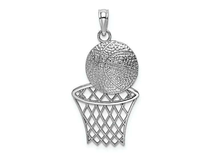 Rhodium Over 14k White Gold Polished Textured Basketball and Net Charm