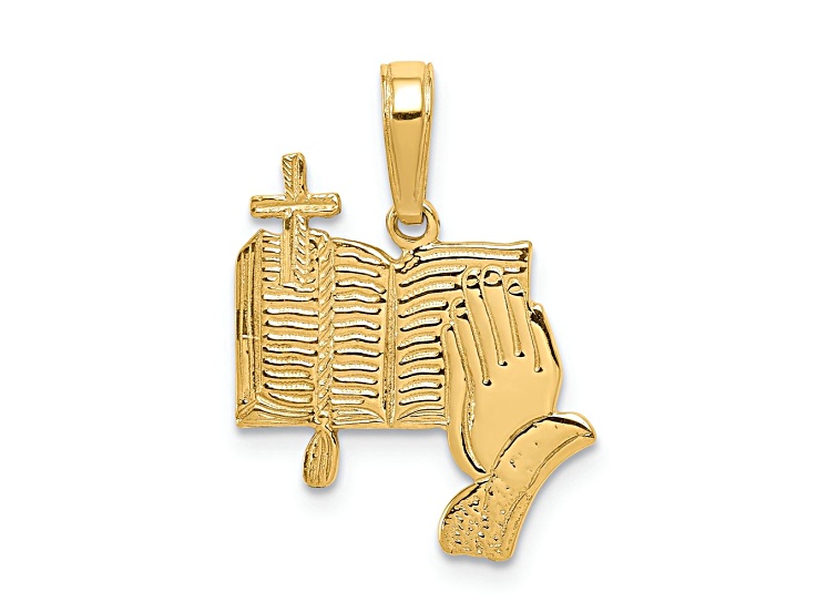 14k Yellow Gold Textured Bible, Praying Hands, and Cross Pendant