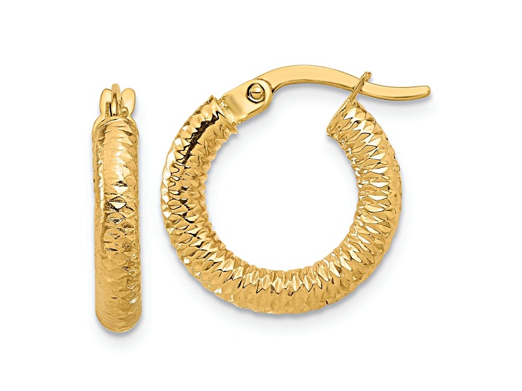 14k Yellow Gold 11/16 inch Polished and Diamond-Cut Hoop Earrings
