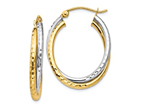 14k Yellow Gold and 14k White Gold 1 1/8" Diamond-Cut and Polished Oval Hoop Earrings