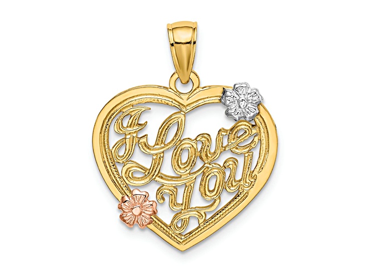14k Tri-color Gold Textured I Love You Heart with Flowers Charm