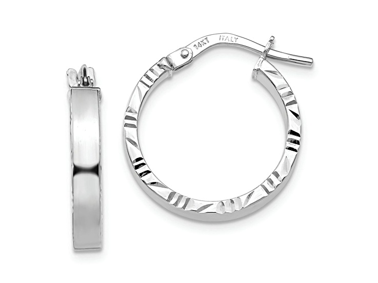 Rhodium Over 14k White Gold 13/16" Small Diamond-Cut Edge Polished Hoop Earrings