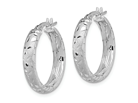 Rhodium Over 14K White Gold 15/16" Satin and Diamond-Cut Hoop Earrings