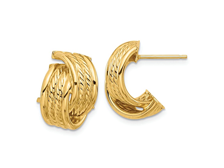 14k Yellow Gold Polished and Textured 5/8" Twisted J-Hoop Earrings