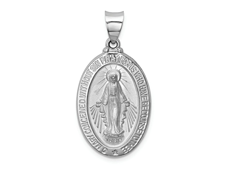 Rhodium Over 14k White Gold Polished and Satin Miraculous Oval Medal Pendant