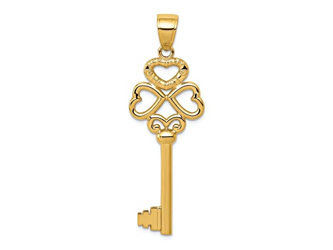 14k Yellow Gold Polished 3D Hearts Key To My Heart Key Charm