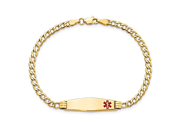 14k Yellow Gold Medical Soft Diamond Shape Red Enamel Cuban Link ID Bracelet