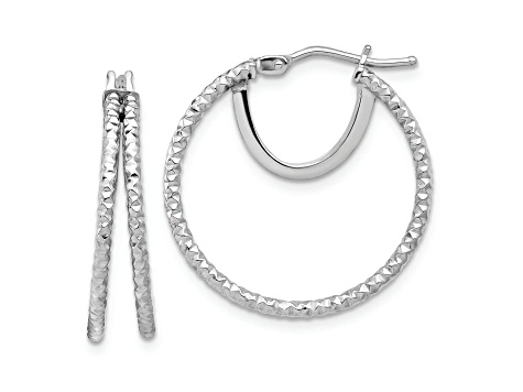 Rhodium Over 14k White Gold Polished and Textured 15/16" Double Circle Hoop Earrings