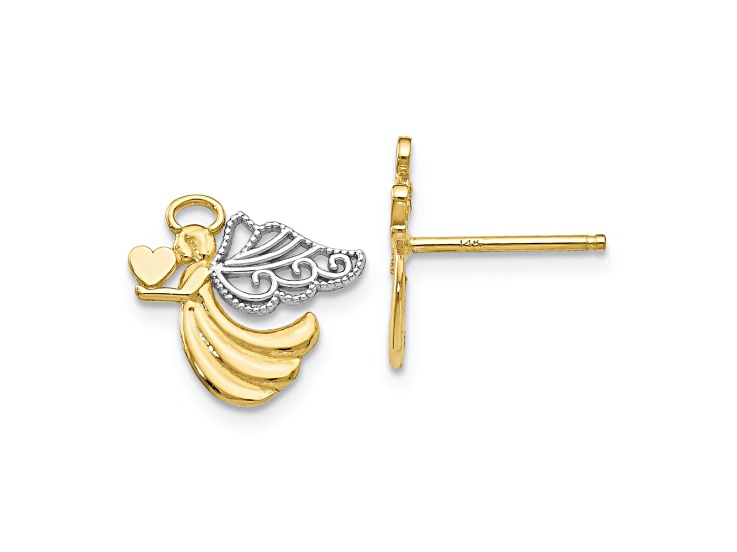 10k Yellow Gold and Rhodium Over 10k Yellow Gold Angel with Heart Stud Earrings
