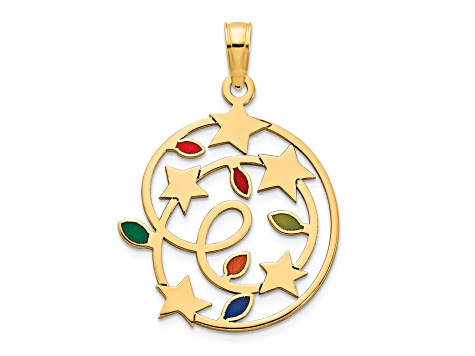 14k Yellow Gold Epoxy Christmas Lights and Stars Pendant