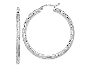 Picture of Rhodium Over 14K White Gold 1 11/16" Polished Satin and Diamond-Cut Hoop Earrings