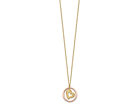 14K Two-tone Fancy Link Diamond-cut Heart in Open Circle Necklace