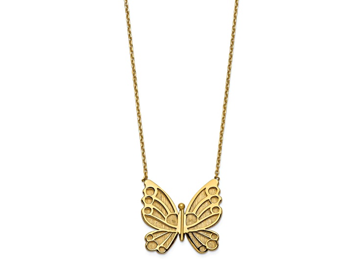 14k Yellow Gold Polished and Brushed Butterfly Pendant Cable Link 17 Inch Necklace
