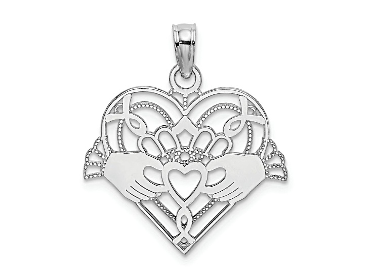 Rhodium Over 14k White Gold Polished and Textured Beaded Claddagh In Heart Charm
