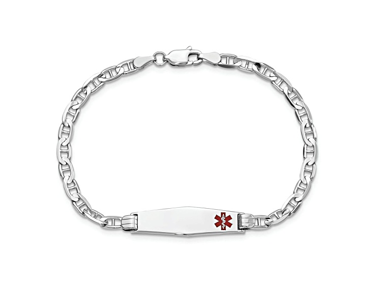 Rhodium Over 14k White Gold Medical Soft Diamond Shape Red Enamel Mariner Link ID Bracelet