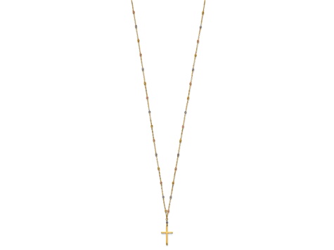 14K Yellow, White and Rose Gold Diamond-cut Beaded Polished Cross Necklace