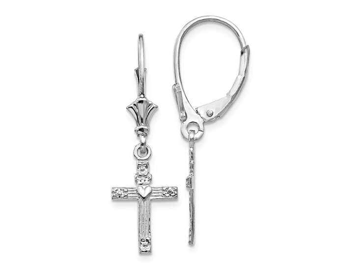 Rhodium Over 14k White Gold Textured Mini Cross with Heart Dangle Earrings