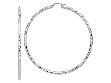 Rhodium Over 14k White Gold 3 1/4" Diamond-Cut Hoop Earrings
