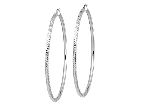 Rhodium Over 14k White Gold 3 1/4" Diamond-Cut Hoop Earrings