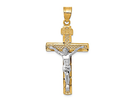 14K Yellow and White Gold Diamond-cut Lattice Cross with Crucifix Pendant