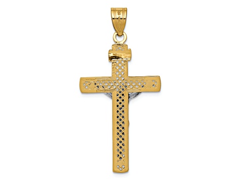 14K Yellow and White Gold Diamond-cut Lattice Cross with Crucifix Pendant