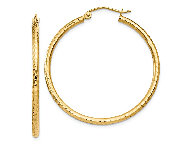 14k Yellow Gold Diamond-Cut 1 3/8" Round Tube Hoop Earrings