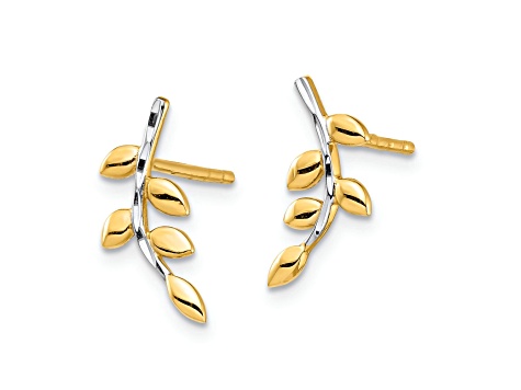 14K Yellow Gold With White Rhodium Leaf Post Earrings