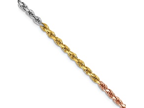 14k Yellow Gold, 14k White Gold and 14k Rose Gold 2.5mm Solid Diamond-Cut Rope 16 Inch Chain